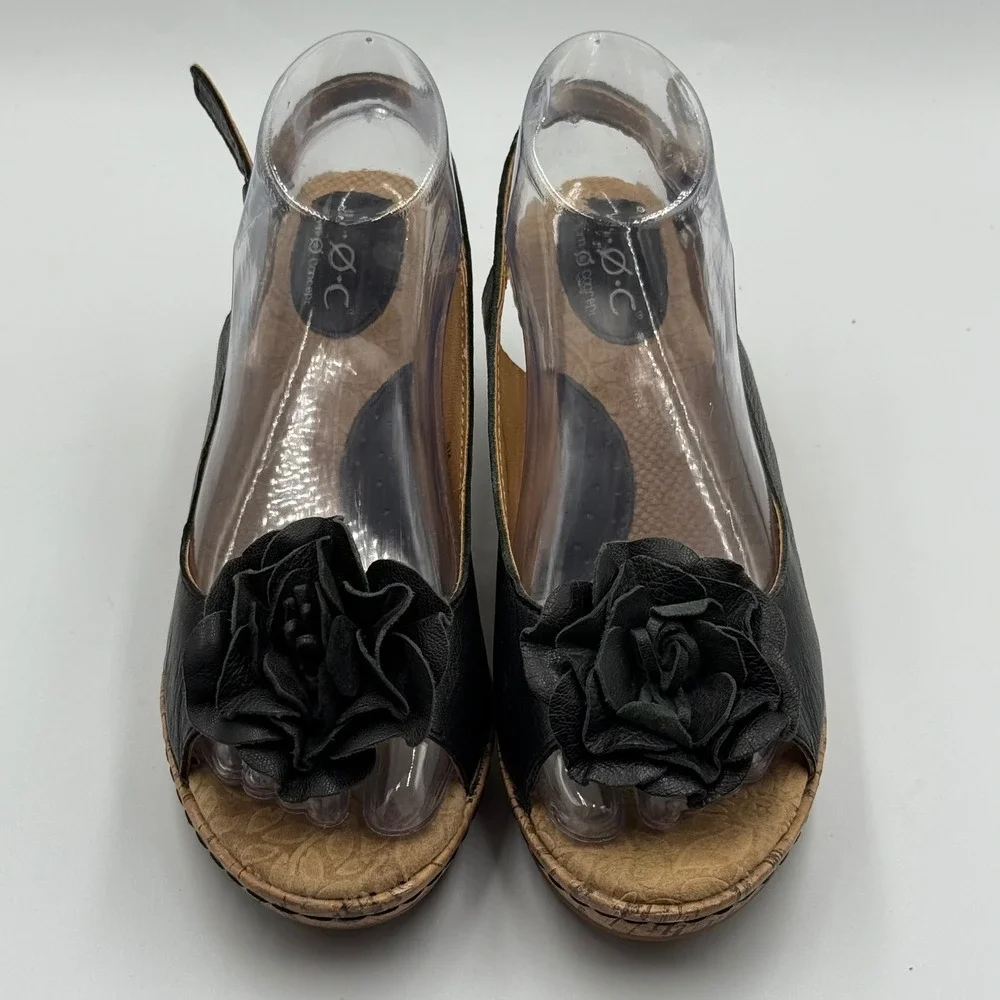 b.o.c. Born Concept Wedge Sandals 8M‎ Black Rosette Floral Cottagecore Slingback